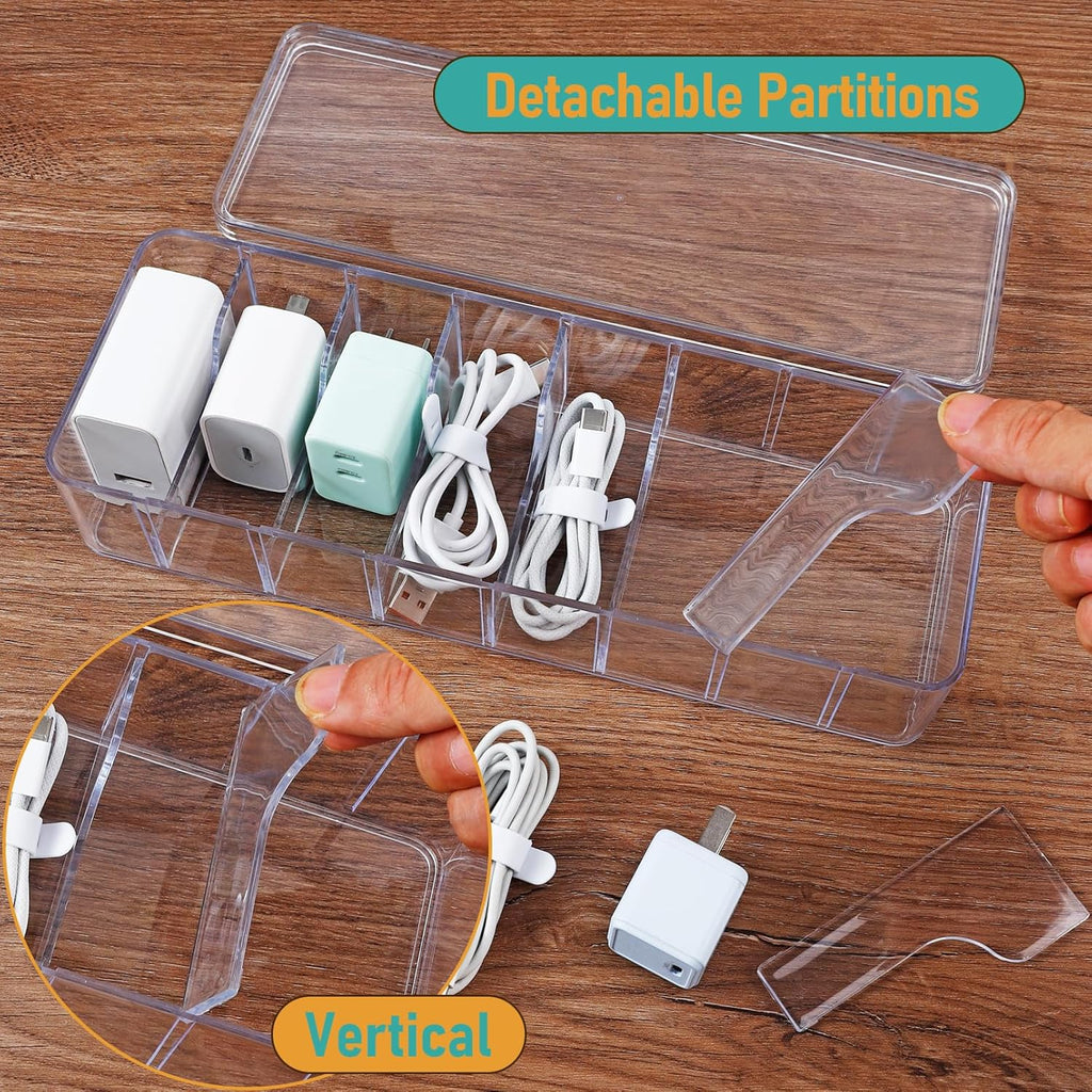 8 Pack Cable Organizer Boxes with Lid, Clear Plastic Cord Storage Boxes for Home & Office, 8 Dividers & 80 Wire Ties Included (27 X 9.5 X 6 Cm)
