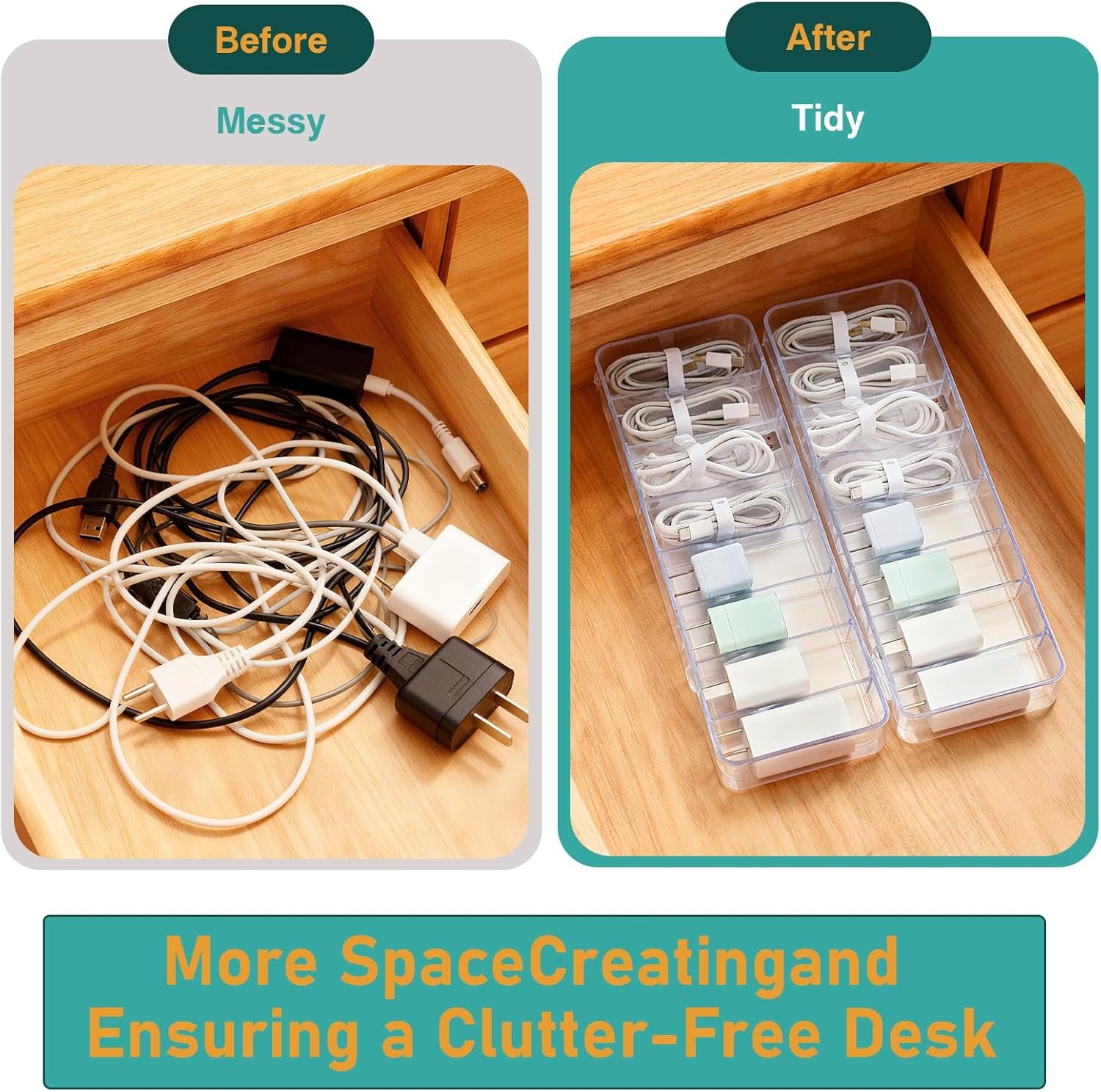8 Pack Cable Organizer Boxes with Lid, Clear Plastic Cord Storage Boxes for Home & Office, 8 Dividers & 80 Wire Ties Included (27 X 9.5 X 6 Cm)