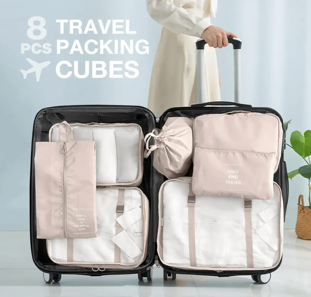 8 Set Packing Cubes for Suitcases,Packing Cubes with Shoe Bag, Cosmetics Bag, Clothing Bag, Accessories Bags Packing Cubes for Travel Luggage Organizer Women Men(Beige)
