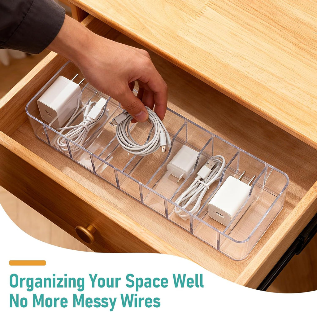 8 Pack Cable Organizer Boxes with Lid, Clear Plastic Cord Storage Boxes for Home & Office, 8 Dividers & 80 Wire Ties Included (27 X 9.5 X 6 Cm)