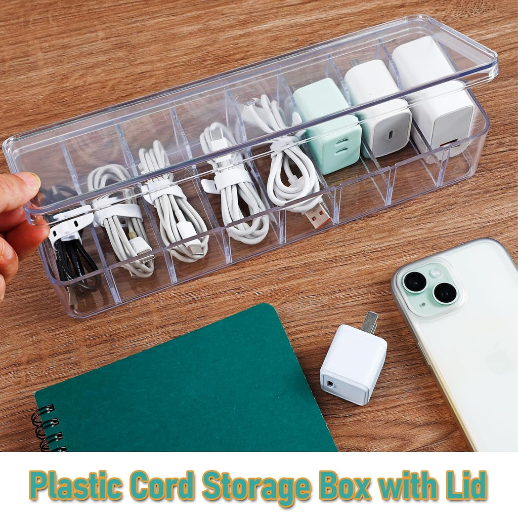 8 Pack Cable Organizer Boxes with Lid, Clear Plastic Cord Storage Boxes for Home & Office, 8 Dividers & 80 Wire Ties Included (27 X 9.5 X 6 Cm)