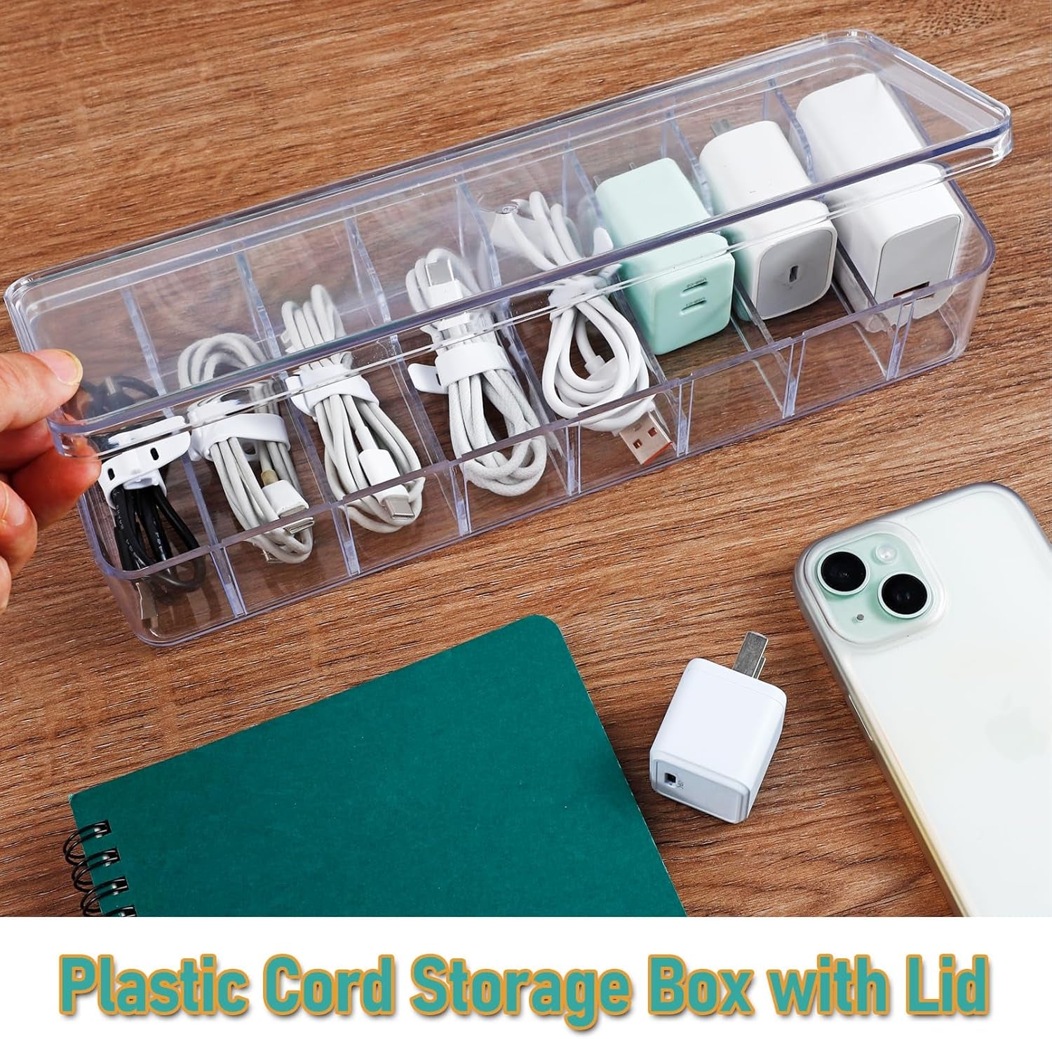 8 Pack Cable Organizer Boxes with Lid, Clear Plastic Cord Storage Boxes for Home & Office, 8 Dividers & 80 Wire Ties Included (27 X 9.5 X 6 Cm)