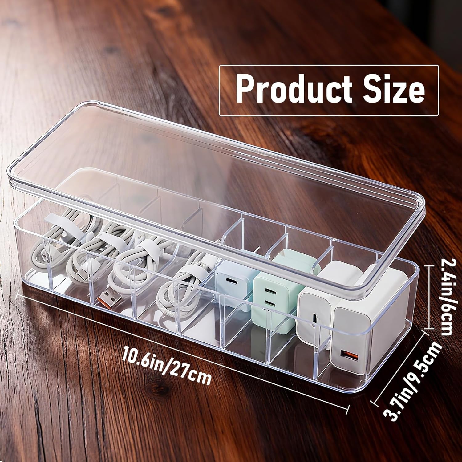 8 Pack Cable Organizer Boxes with Lid, Clear Plastic Cord Storage Boxes for Home & Office, 8 Dividers & 80 Wire Ties Included (27 X 9.5 X 6 Cm)