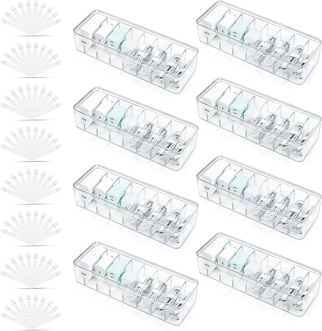 8 Pack Cable Organizer Boxes with Lid, Clear Plastic Cord Storage Boxes for Home & Office, 8 Dividers & 80 Wire Ties Included (27 X 9.5 X 6 Cm)