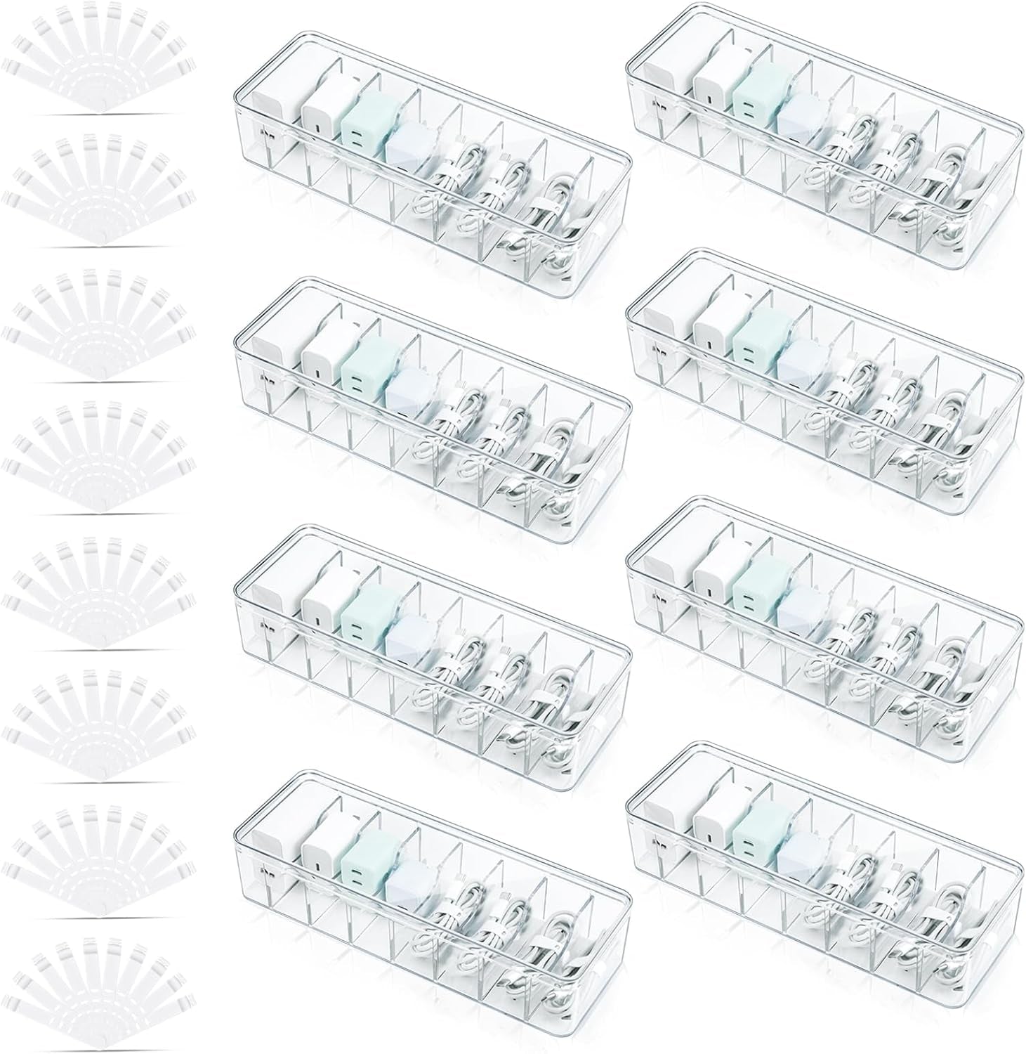 8 Pack Cable Organizer Boxes with Lid, Clear Plastic Cord Storage Boxes for Home & Office, 8 Dividers & 80 Wire Ties Included (27 X 9.5 X 6 Cm)