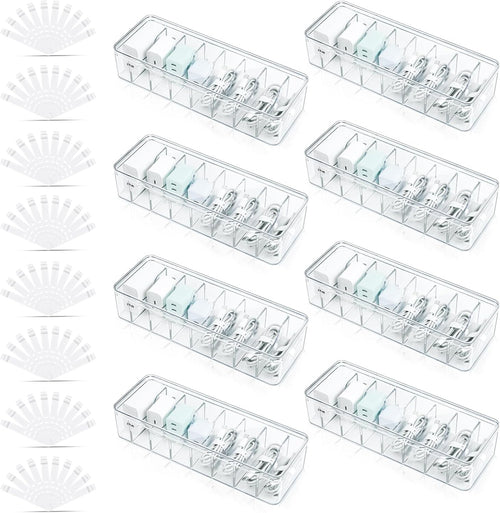 8 Pack Cable Organizer Boxes with Lid, Clear Plastic Cord Storage Boxes for Home & Office, 8 Dividers & 80 Wire Ties Included (27 X 9.5 X 6 Cm)