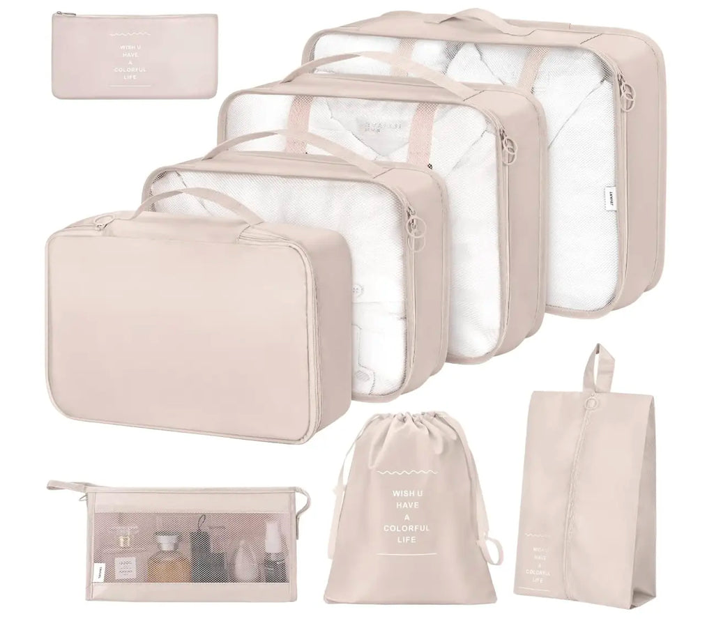 8 Set Packing Cubes for Suitcases,Packing Cubes with Shoe Bag, Cosmetics Bag, Clothing Bag, Accessories Bags Packing Cubes for Travel Luggage Organizer Women Men(Beige)