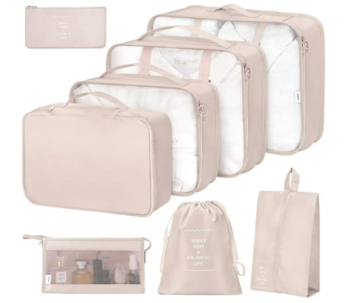 8 Set Packing Cubes for Suitcases,Packing Cubes with Shoe Bag, Cosmetics Bag, Clothing Bag, Accessories Bags Packing Cubes for Travel Luggage Organizer Women Men(Beige)