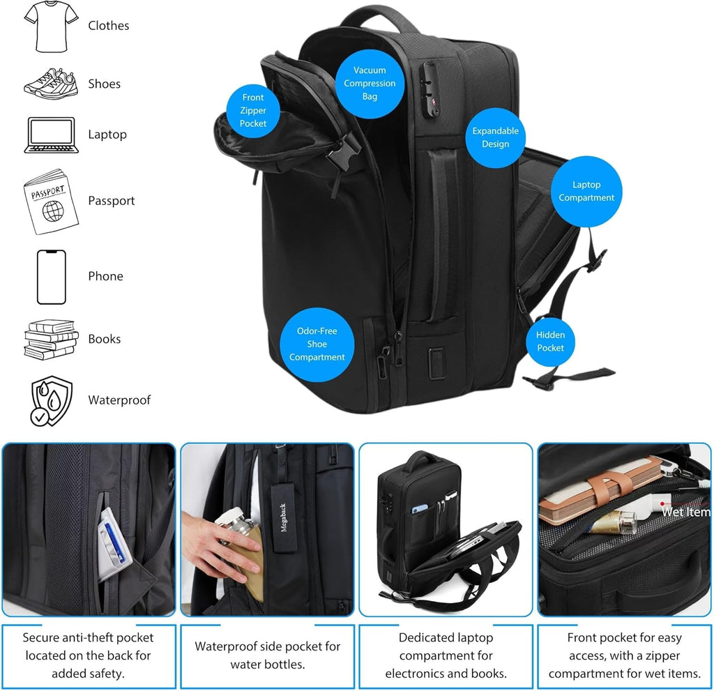 Vacuum Travel Backpack, 70L Expandable Air Vacuum Backpack for Travel, Vacpack Travel Vacuum Bags with Pump, TSA Lock, USB Charging Port, Waterproof