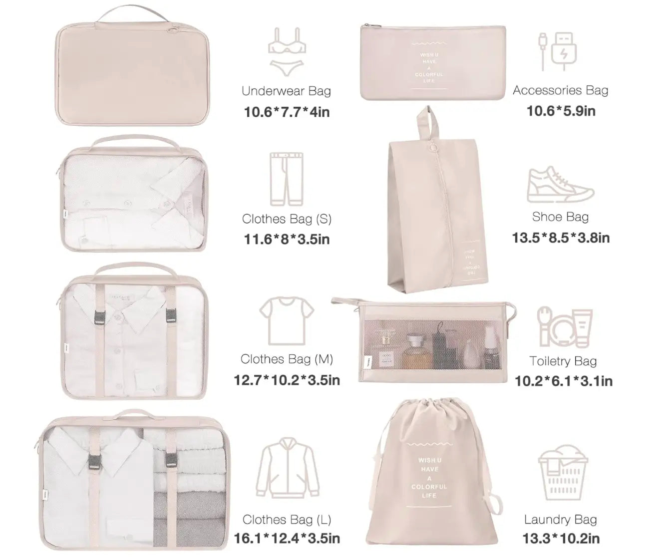 8 Set Packing Cubes for Suitcases,Packing Cubes with Shoe Bag, Cosmetics Bag, Clothing Bag, Accessories Bags Packing Cubes for Travel Luggage Organizer Women Men(Beige)